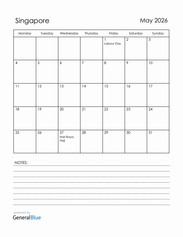 May 2026 Singapore Calendar with Holidays (Monday Start)