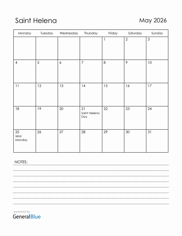 May 2026 Saint Helena Calendar with Holidays (Monday Start)