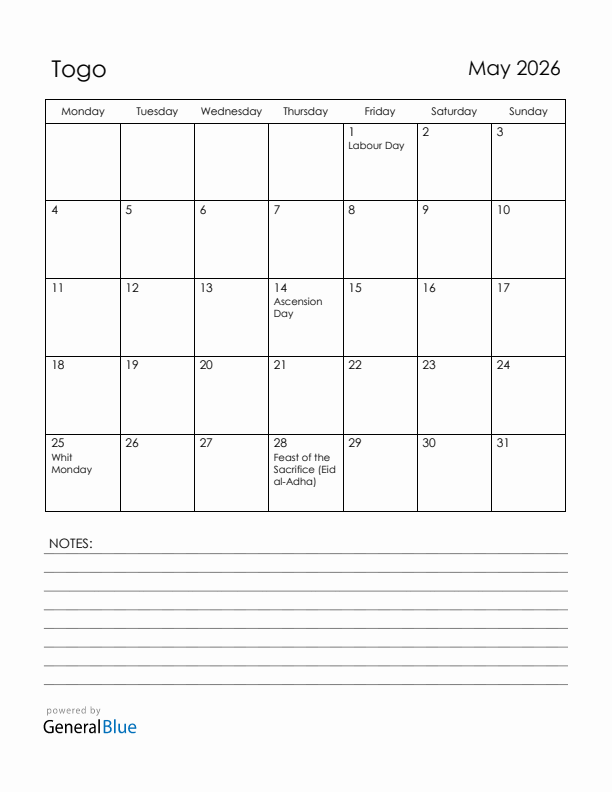 May 2026 Togo Calendar with Holidays (Monday Start)