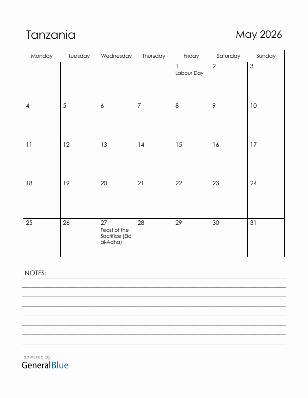 May 2026 Tanzania Calendar with Holidays (Monday Start)