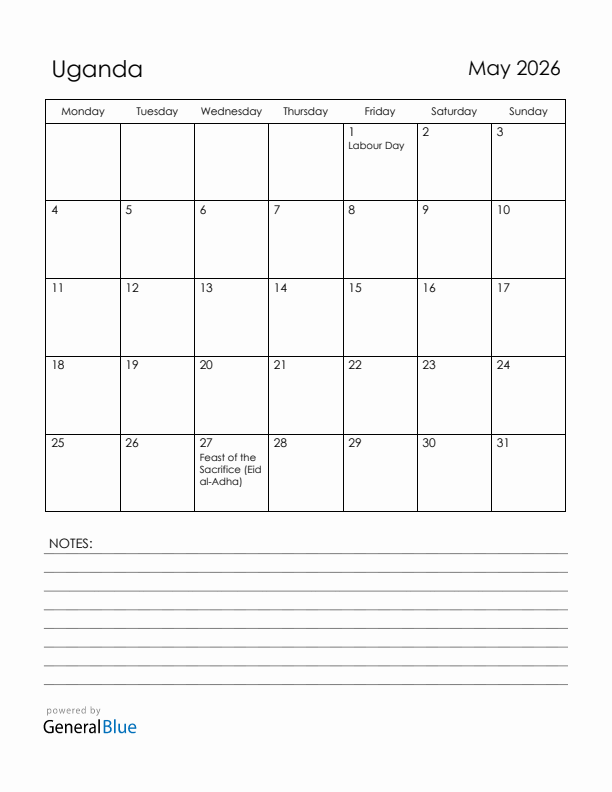 May 2026 Uganda Calendar with Holidays (Monday Start)