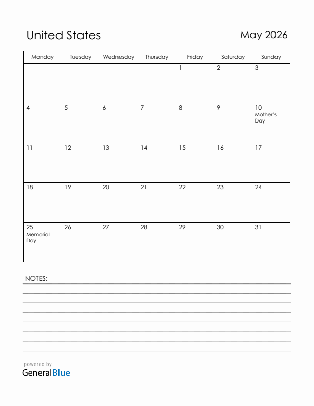 May 2026 United States Calendar with Holidays (Monday Start)
