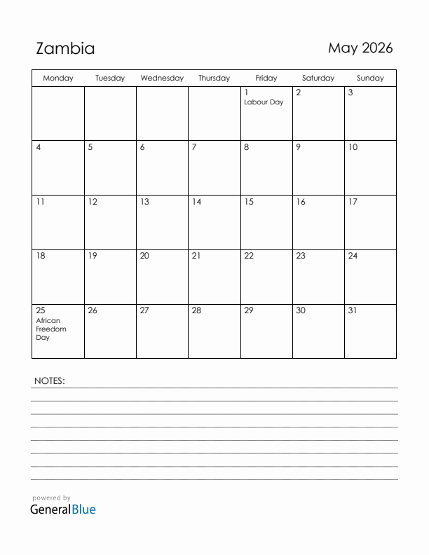 May 2026 Zambia Calendar with Holidays (Monday Start)