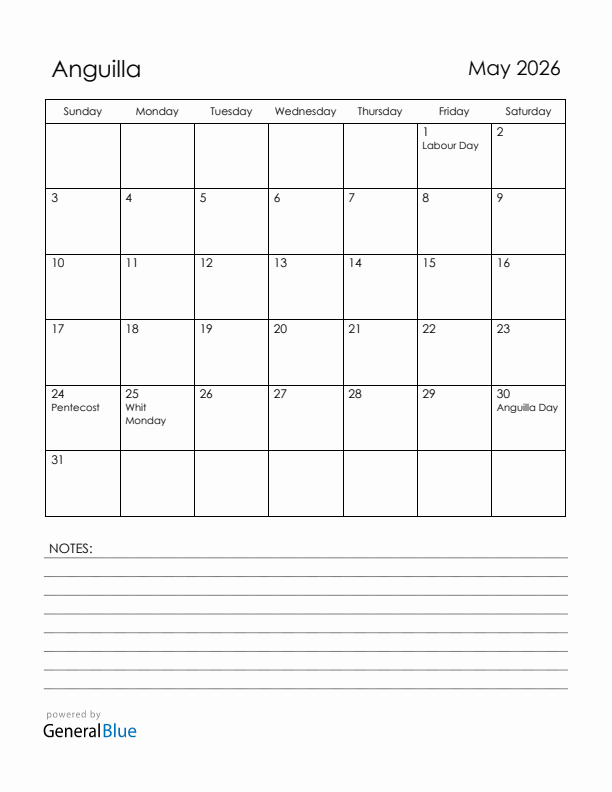 May 2026 Anguilla Calendar with Holidays (Sunday Start)