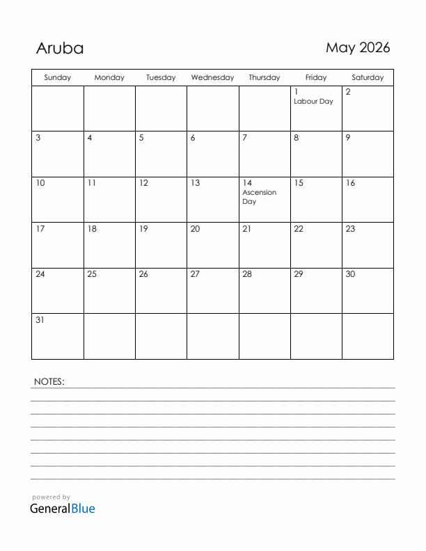 May 2026 Aruba Calendar with Holidays (Sunday Start)