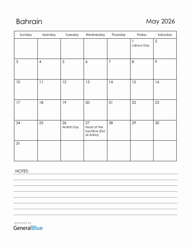 May 2026 Bahrain Calendar with Holidays (Sunday Start)