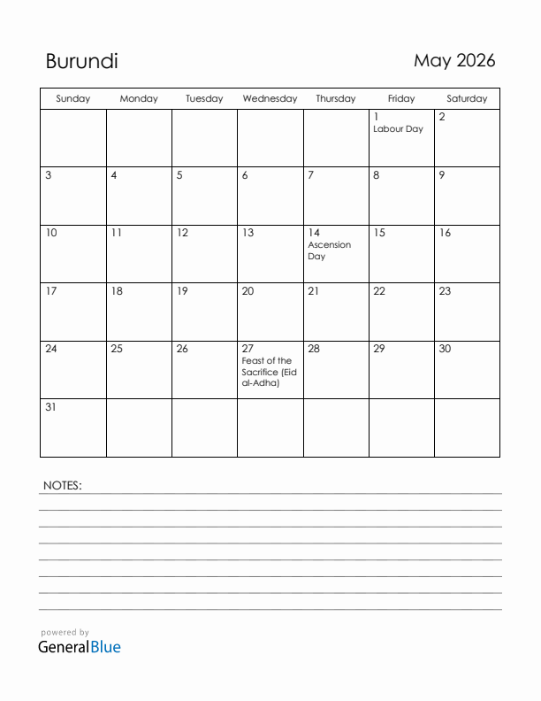 May 2026 Burundi Calendar with Holidays (Sunday Start)
