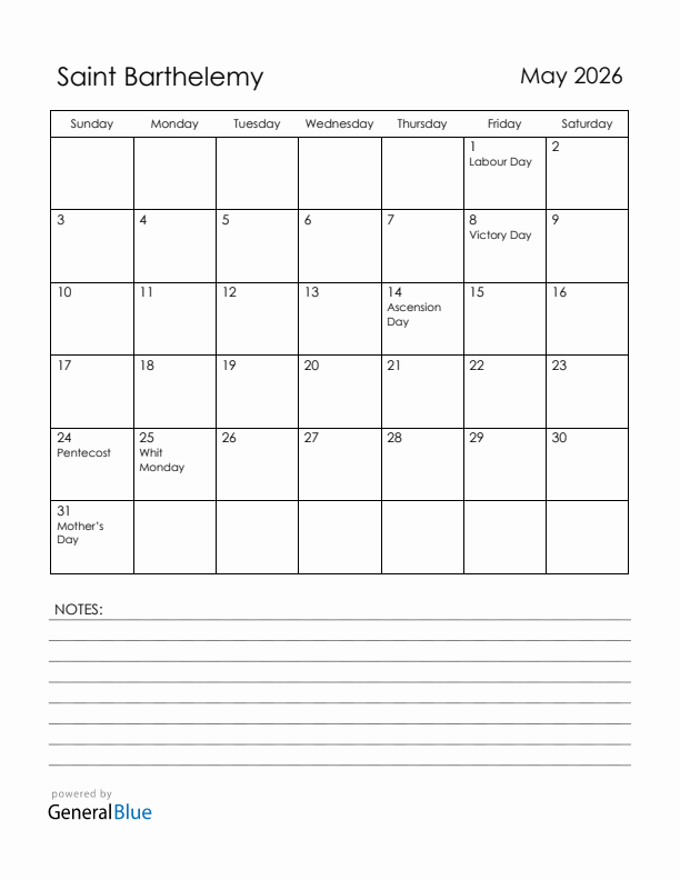 May 2026 Saint Barthelemy Calendar with Holidays (Sunday Start)