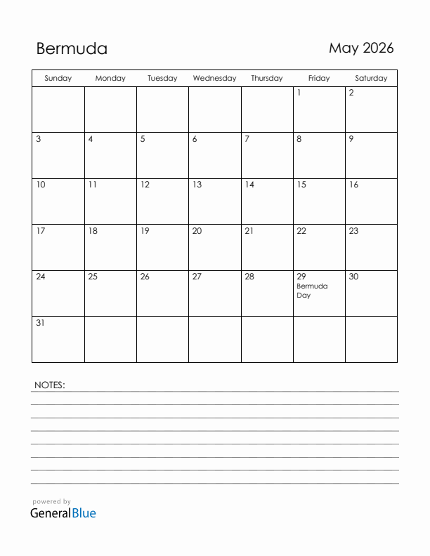 May 2026 Bermuda Calendar with Holidays (Sunday Start)