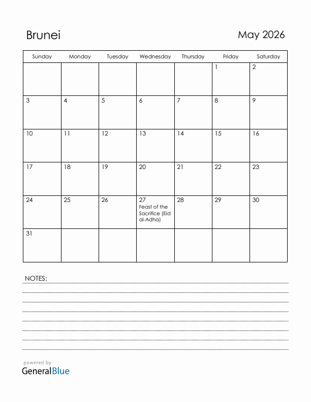 May 2026 Brunei Calendar with Holidays (Sunday Start)