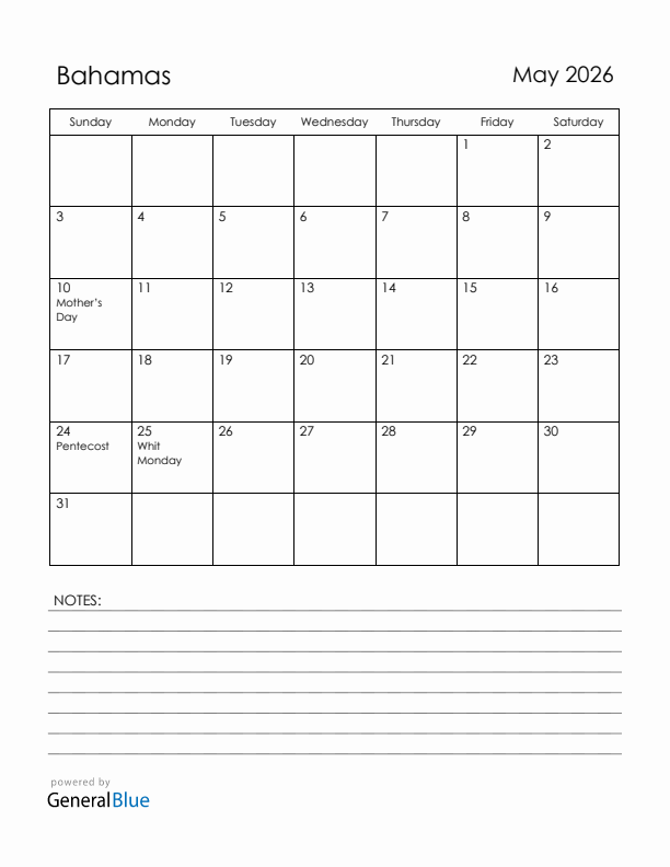 May 2026 Bahamas Calendar with Holidays (Sunday Start)