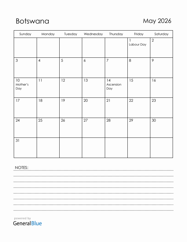 May 2026 Botswana Calendar with Holidays (Sunday Start)