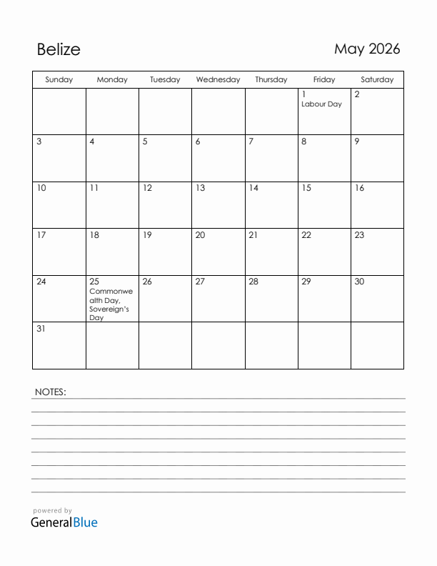 May 2026 Belize Calendar with Holidays (Sunday Start)