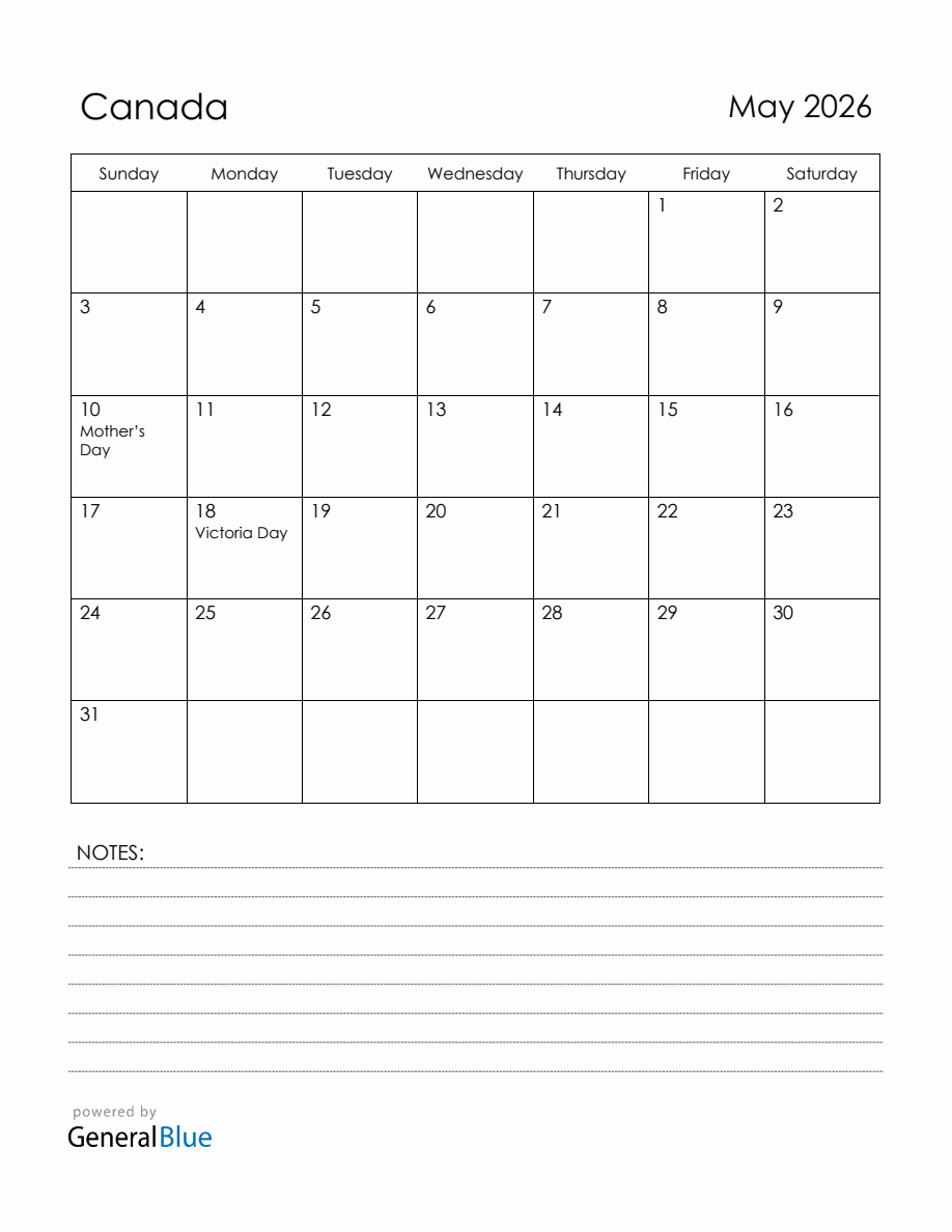 May 2026 Canada Calendar with Holidays