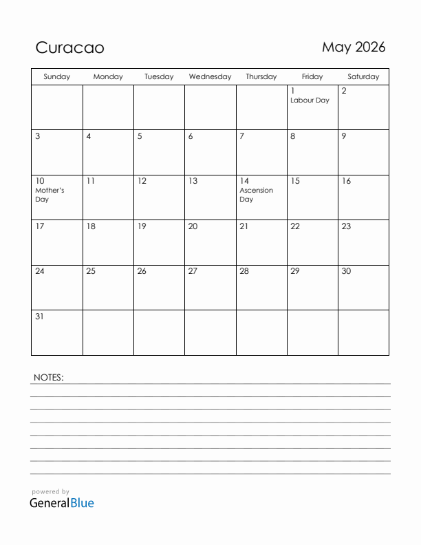 May 2026 Curacao Calendar with Holidays (Sunday Start)
