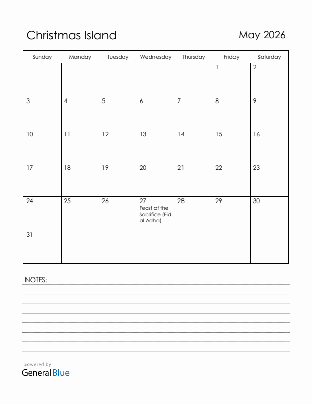 May 2026 Christmas Island Calendar with Holidays (Sunday Start)