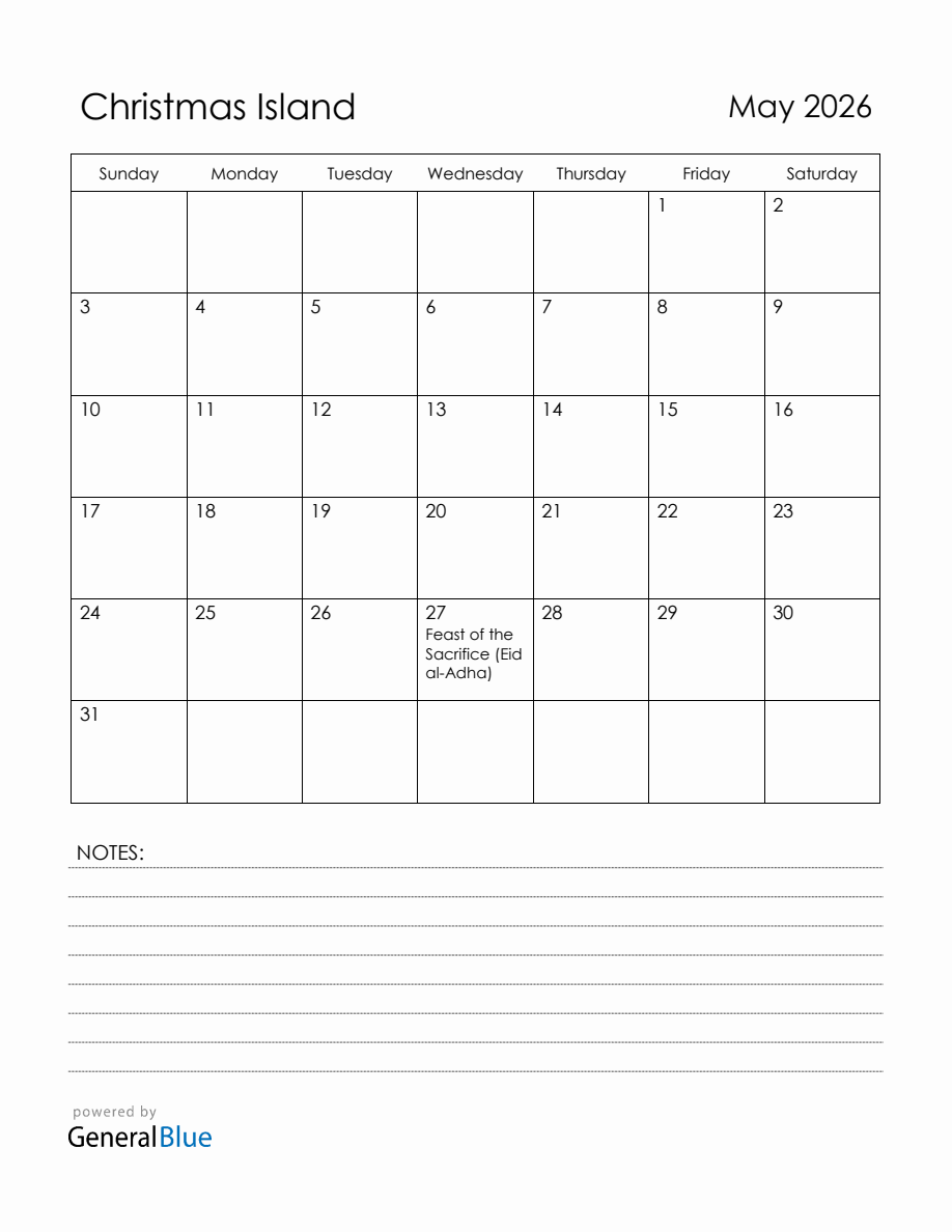 May 2026 Christmas Island Calendar with Holidays