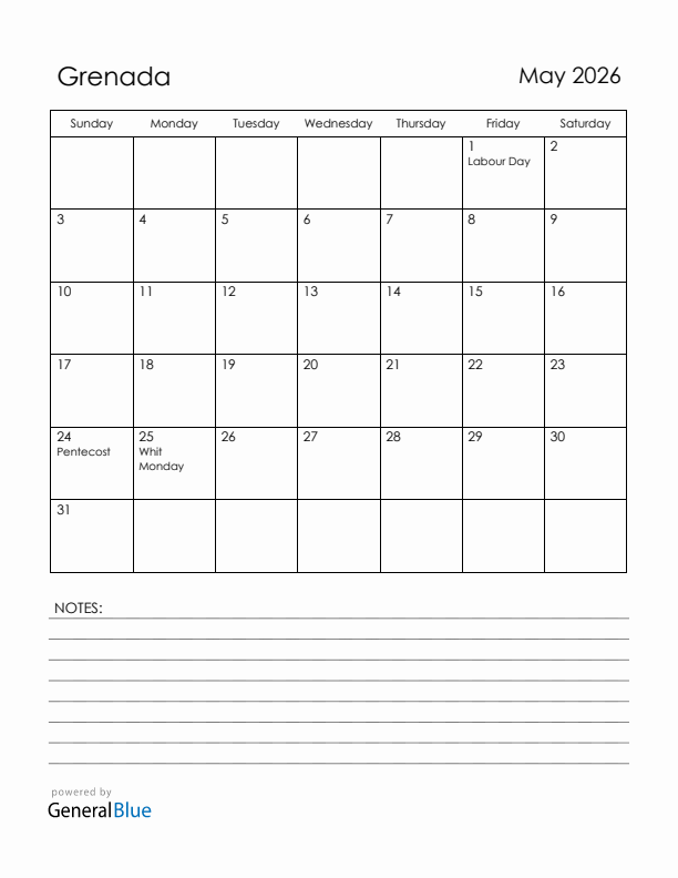 May 2026 Grenada Calendar with Holidays (Sunday Start)