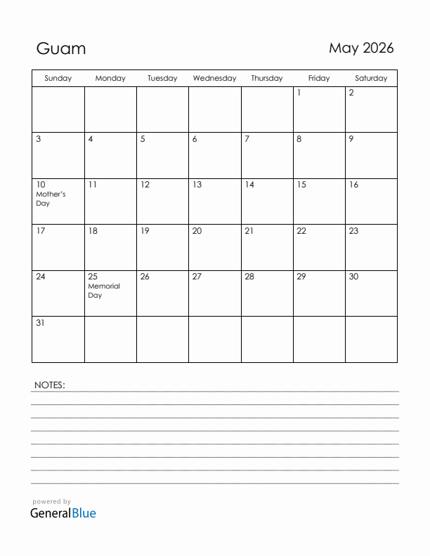 May 2026 Guam Calendar with Holidays (Sunday Start)