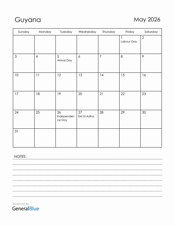 May 2026 Guyana Calendar with Holidays (Sunday Start)