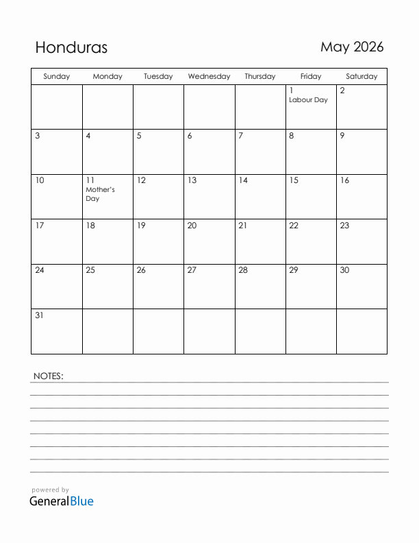 May 2026 Honduras Calendar with Holidays (Sunday Start)