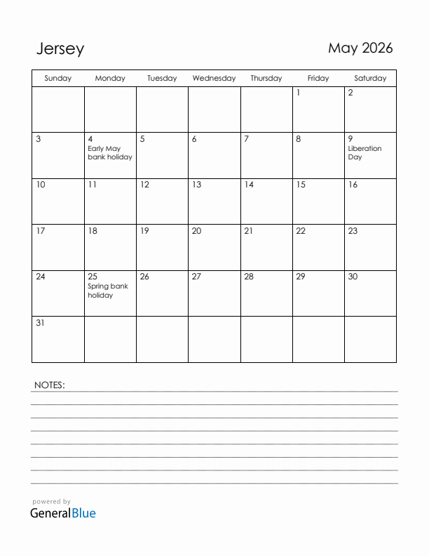 May 2026 Jersey Calendar with Holidays (Sunday Start)