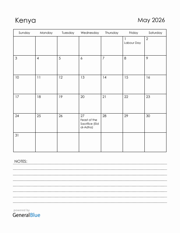May 2026 Kenya Calendar with Holidays (Sunday Start)