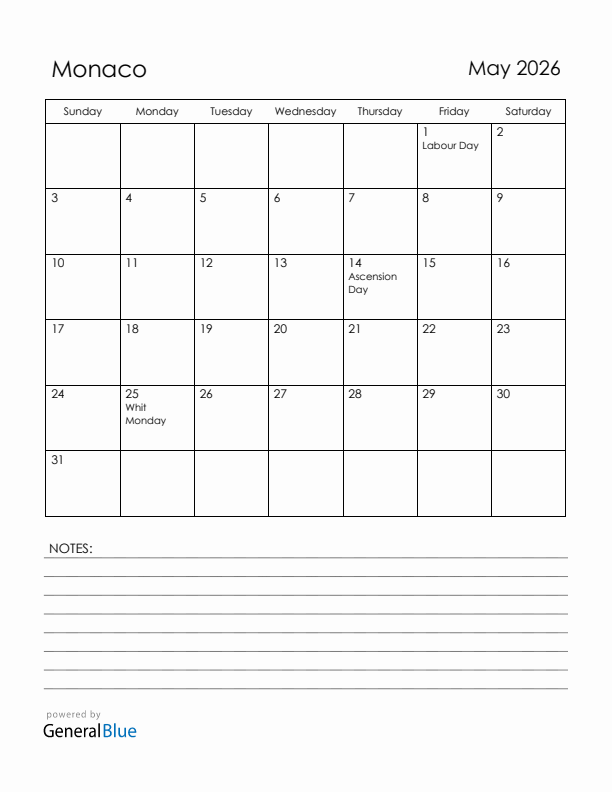 May 2026 Monaco Calendar with Holidays (Sunday Start)