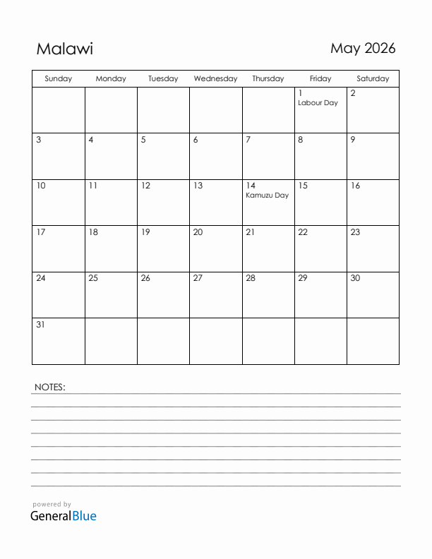 May 2026 Malawi Calendar with Holidays (Sunday Start)