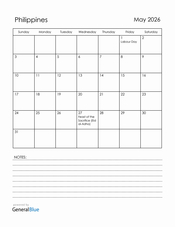 May 2026 Philippines Calendar with Holidays (Sunday Start)