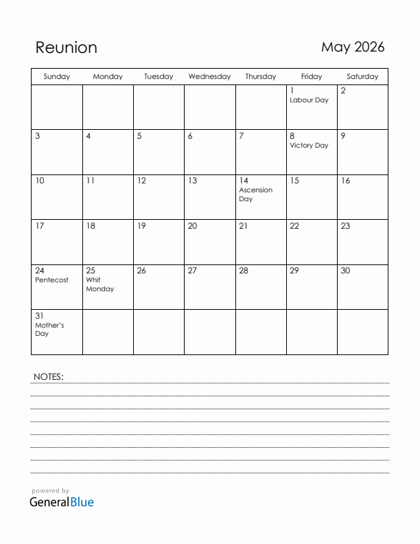 May 2026 Reunion Calendar with Holidays (Sunday Start)