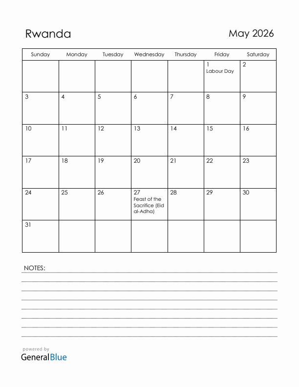 May 2026 Rwanda Calendar with Holidays (Sunday Start)