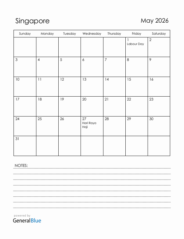 May 2026 Singapore Calendar with Holidays (Sunday Start)