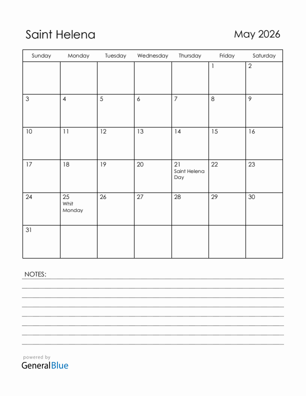 May 2026 Saint Helena Calendar with Holidays (Sunday Start)