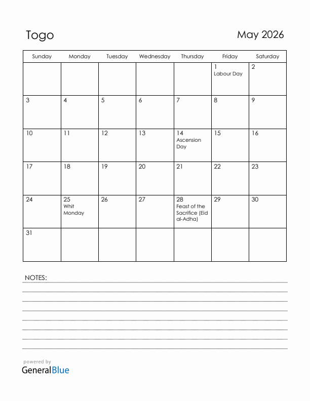 May 2026 Togo Calendar with Holidays (Sunday Start)