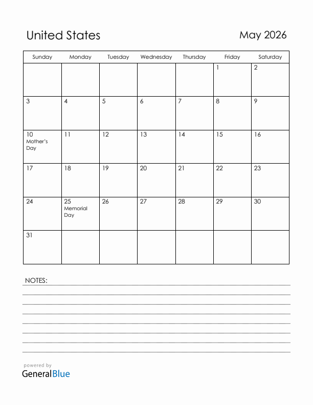 May 2026 United States Calendar with Holidays (Sunday Start)