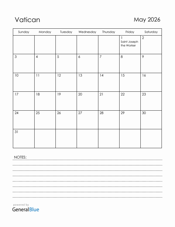 May 2026 Vatican Calendar with Holidays (Sunday Start)