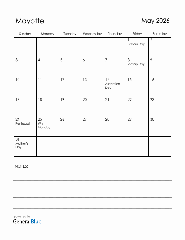May 2026 Mayotte Calendar with Holidays (Sunday Start)