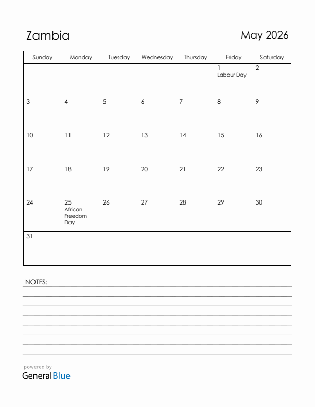 May 2026 Zambia Calendar with Holidays (Sunday Start)