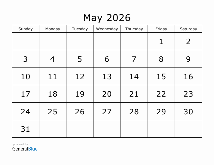 Printable May 2026 Calendar - Sunday Start
