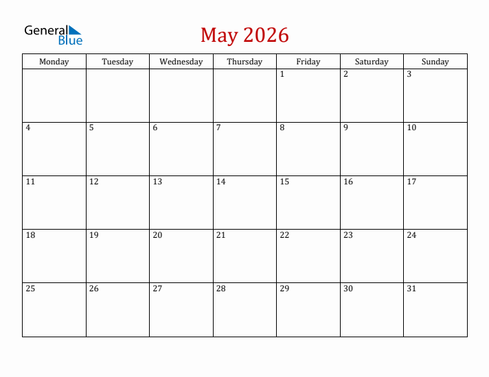 Blank May 2026 Calendar with Monday Start