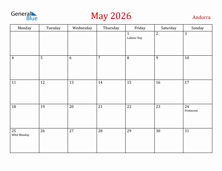 Andorra May 2026 Calendar - Monday Start