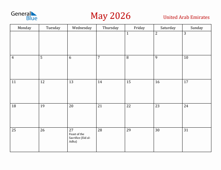 United Arab Emirates May 2026 Calendar - Monday Start