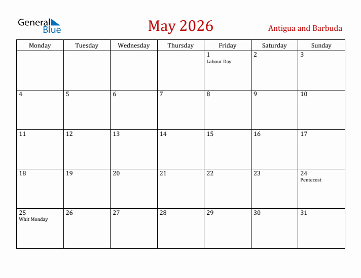 Antigua and Barbuda May 2026 Calendar - Monday Start