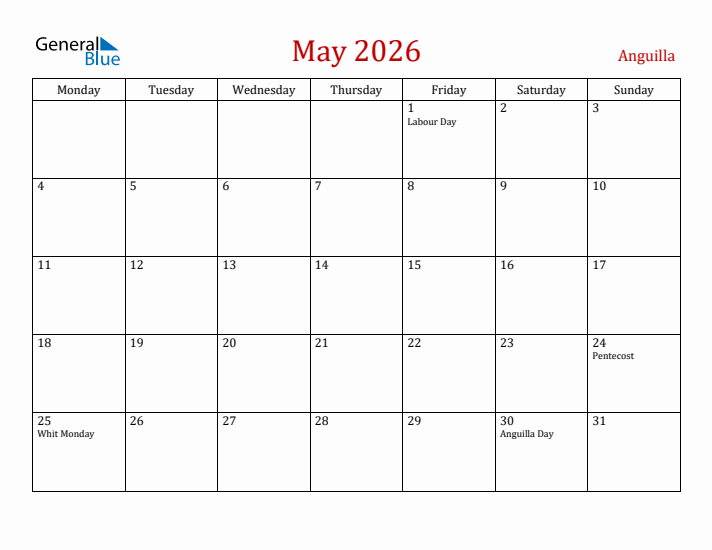 Anguilla May 2026 Calendar - Monday Start