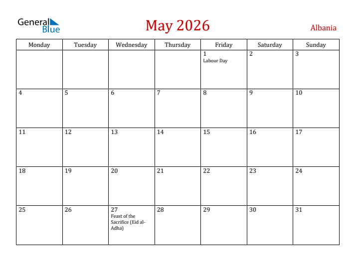 Albania May 2026 Calendar - Monday Start