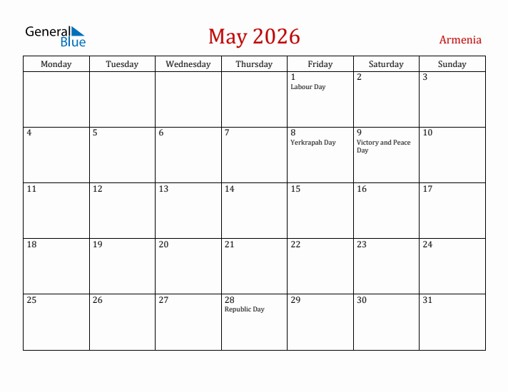 Armenia May 2026 Calendar - Monday Start