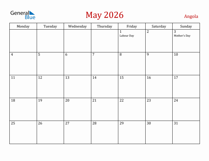 Angola May 2026 Calendar - Monday Start
