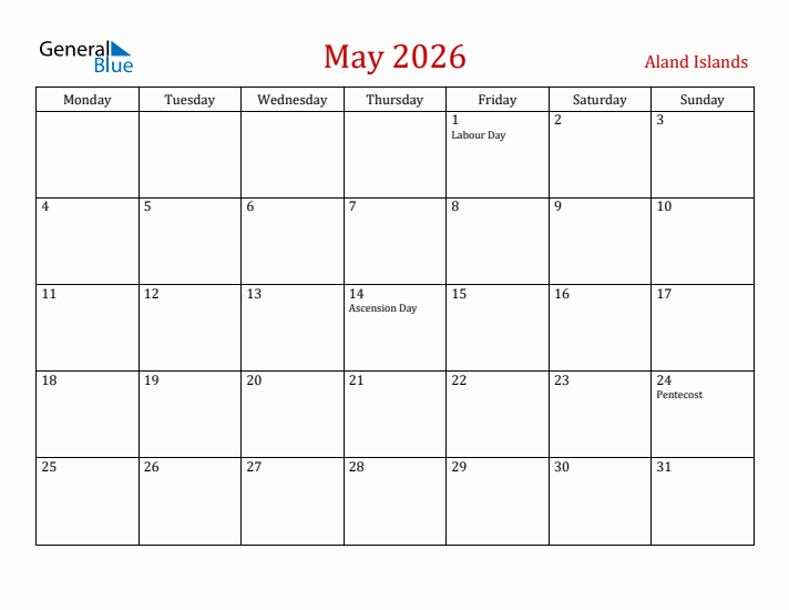 Aland Islands May 2026 Calendar - Monday Start