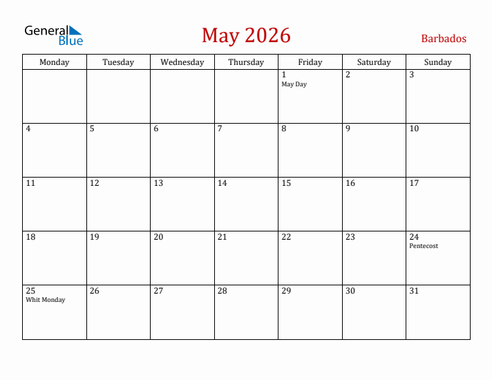 Barbados May 2026 Calendar - Monday Start
